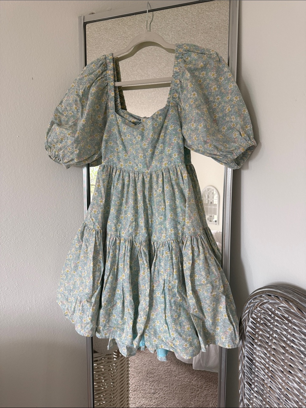 Puff-Sleeve Floral Tiered Dress - Light Blue